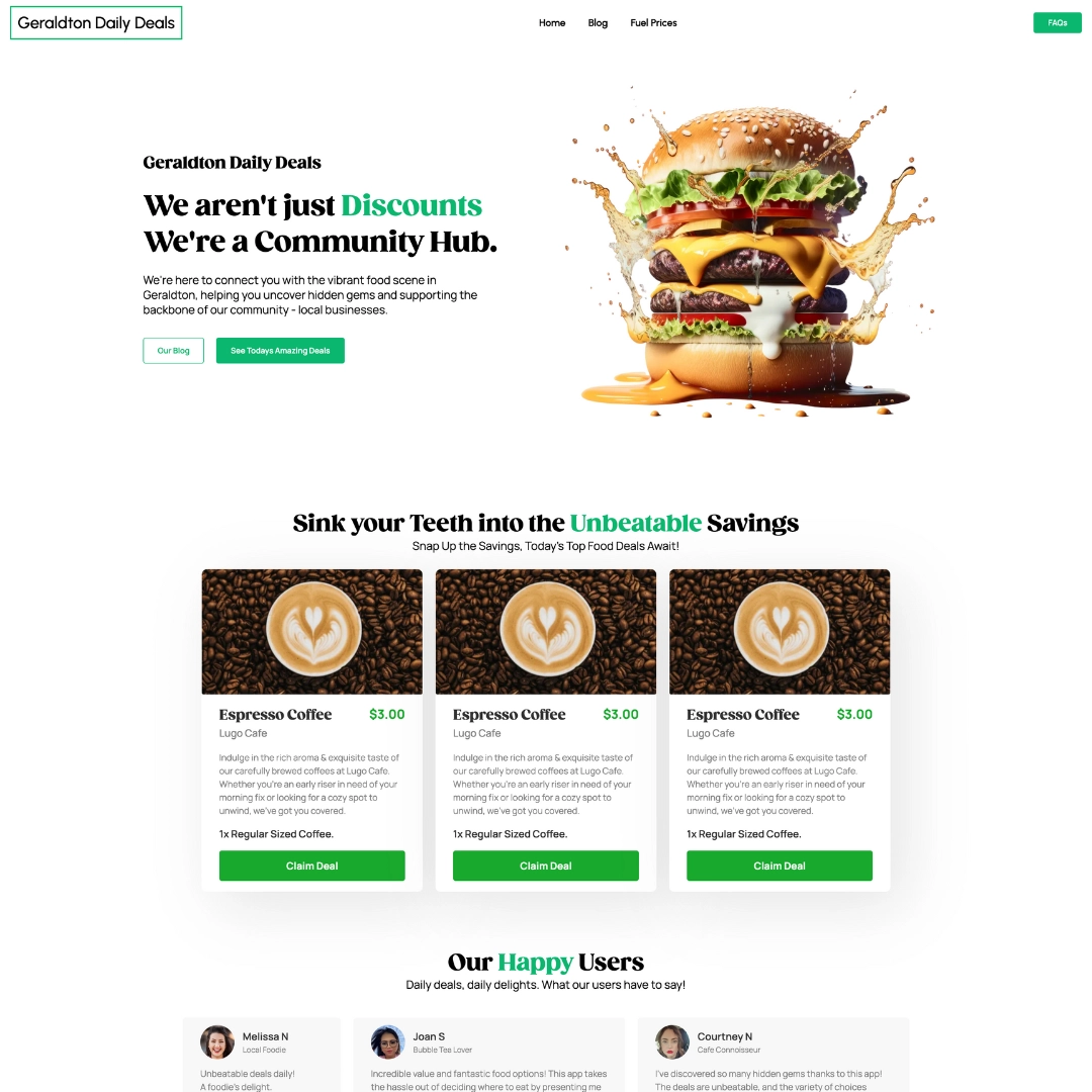 Homepage of Geraldton Daily Deals featuring a vibrant burger image, local coffee discounts, and a clean, community-focused layout.