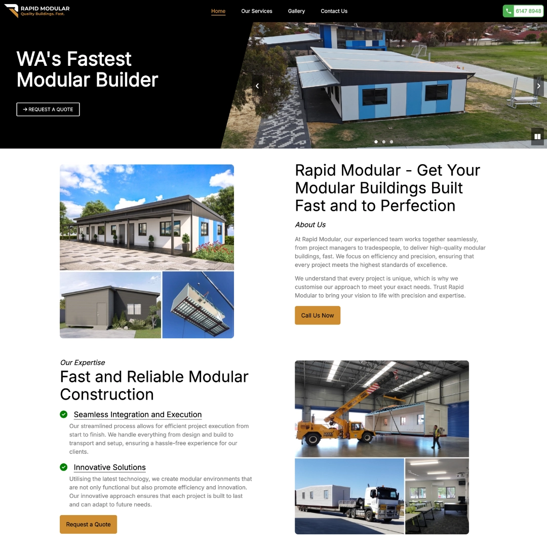 Screenshot of Rapid Modular's website showcasing a modern layout for WA's fastest modular builder with images of prefab buildings and clean service highlights.